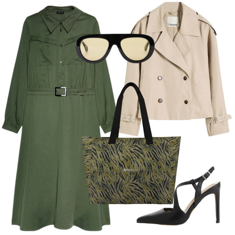 Outfit donna - Il trench corto. Stile Military per Ufficio. Abbinamento con trench, décolleté, occhiali da sole, shopping bag, vestiti lunghi.
