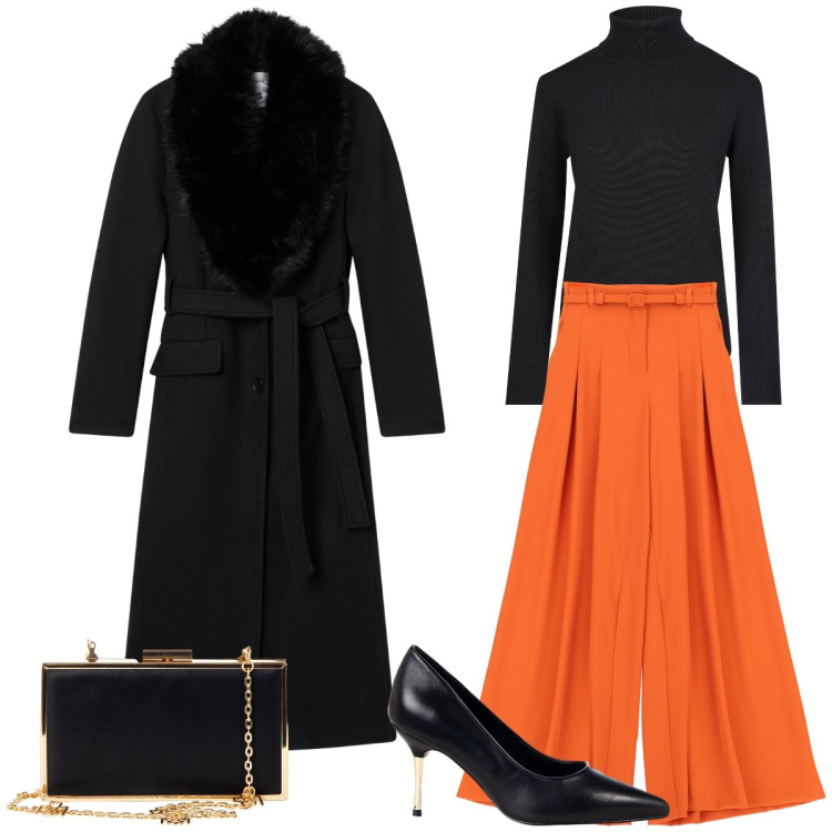Outfit donna - Total look #2237185. Stile Casual chic per Ufficio. Abbinamento con cappotti, pochette, décolleté, pantaloni a palazzo, maglieria.