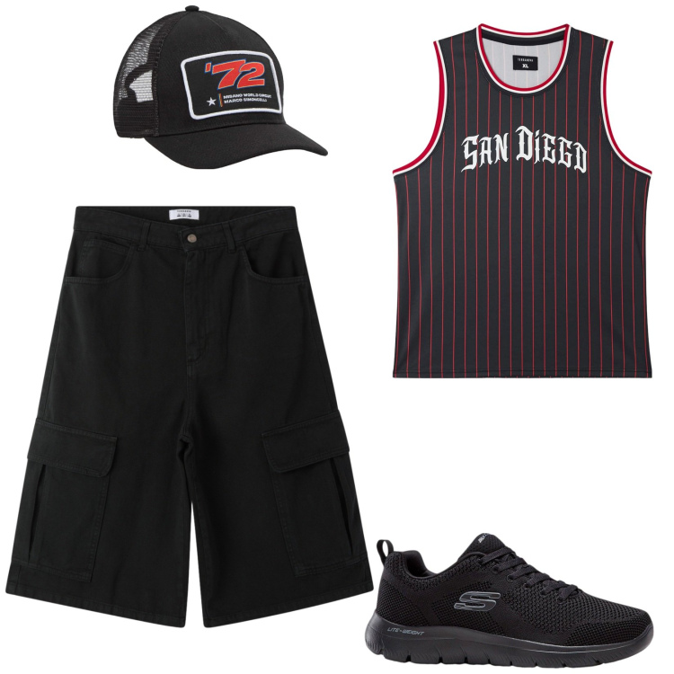Outfit uomo - Strange Days. Stile Urban per Tutti i giorni. Abbinamento con sneakers, cappelli, bermuda, canottiere.