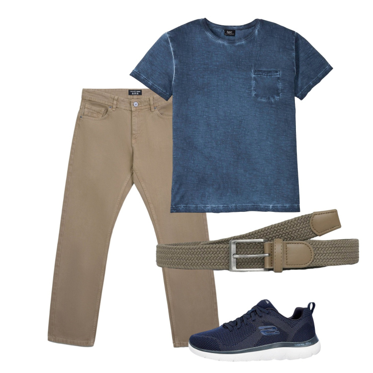 Outfit uomo - Richiami in blu. Stile Casual per Tutti i giorni. Abbinamento con t-shirt, sneakers, cinture, jeans.