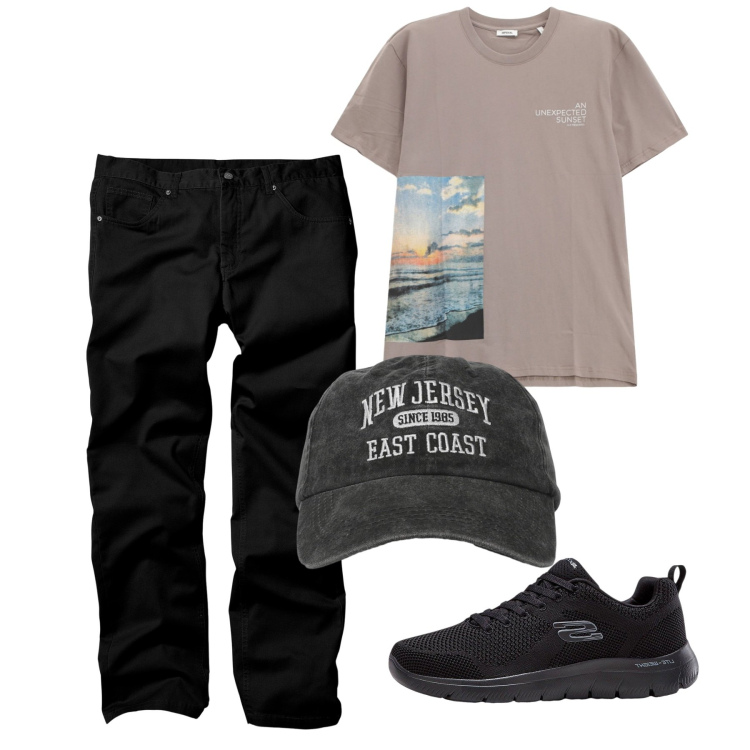 Outfit uomo - Rientro urban. Stile Casual per Tutti i giorni. Abbinamento con sneakers, pantaloni, cappelli con visiera, t-shirt.