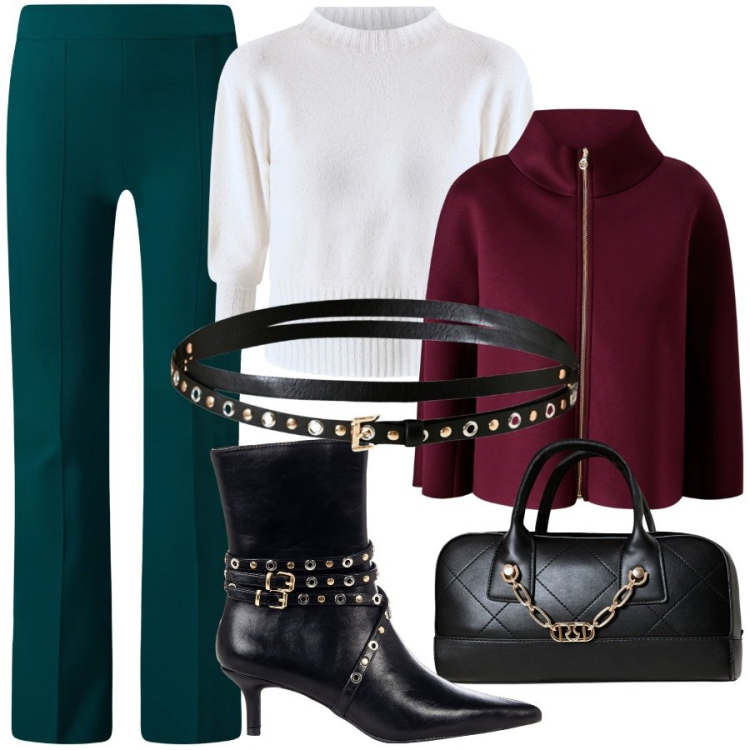 Outfit donna - Rinascimento - Nuova collezione FW26. Stile Chic per Ufficio. Abbinamento con pantaloni a palazzo, cappe, maglieria, stivaletti, cinture, borse a mano.