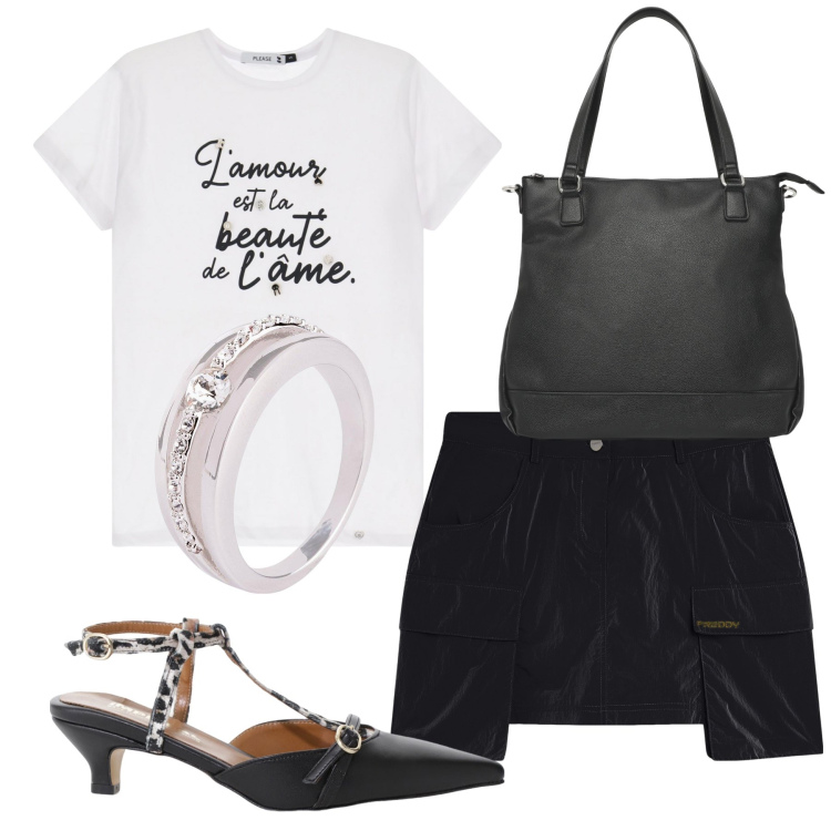 Outfit donna - Pomeriggio con lui. Stile Glamour per Tutti i giorni. Abbinamento con anelli, shopping bag, t-shirt, décolleté, minigonne.