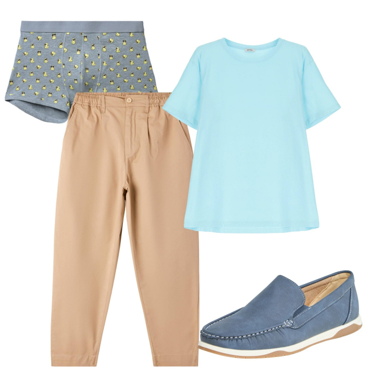 Outfit uomo - Agosto. Stile Casual per Tutti i giorni. Abbinamento con scarpe stringate, pantaloni, boxer, t-shirt.