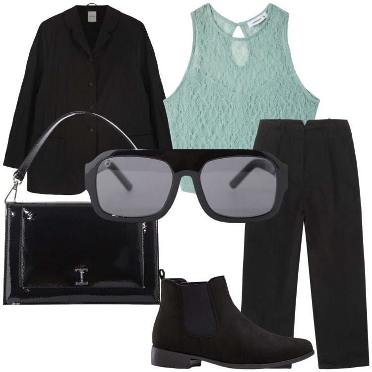 Outfit donna - Il top verde acqua. Stile Urban per Ufficio. Abbinamento con stivaletti chelsea, top, borse a tracolla, occhiali da sole, pantaloni, blazer.