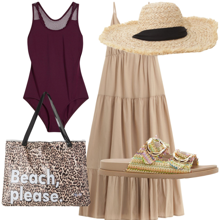 Outfit donna - Settembre ancora estate. Stile Glamour per Mare. Abbinamento con ciabatte, costumi interi, borse tote, vestiti lunghi, cappelli.