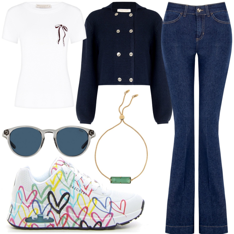 Outfit donna - Fw26 sneakers cuori fd. Stile Sporty chic Abbinamento con blazer, t-shirt, jeans a zampa, occhiali da sole, braccialetti, sneakers.
