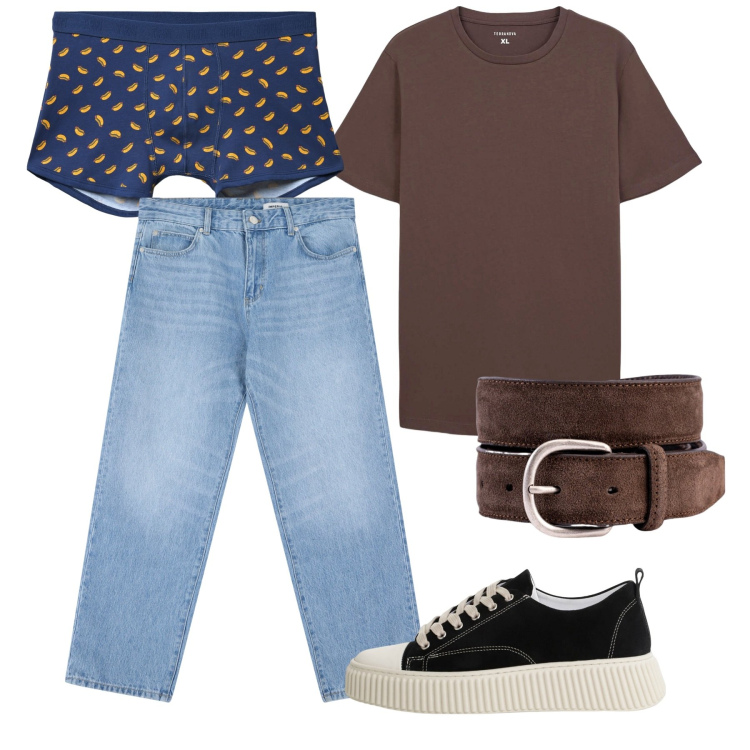 Outfit uomo - Agosto. Stile Casual per Tutti i giorni. Abbinamento con t-shirt, boxer, sneakers, jeans, cinture.