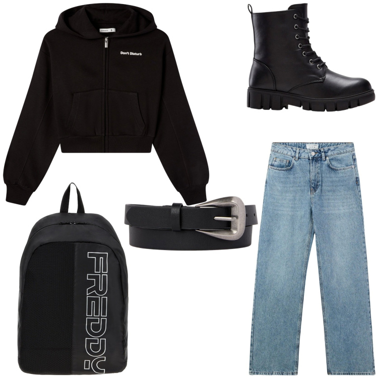 Outfit donna - Grunge style. Stile Urban per Tutti i giorni. Abbinamento con stivaletti, jeans, felpe con cappuccio, zaini, cinture.