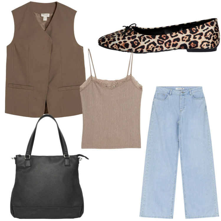 Outfit donna - Weekend. Stile Trendy per Tutti i giorni. Abbinamento con gilet, canottiere, shopping bag, ballerine, jeans.