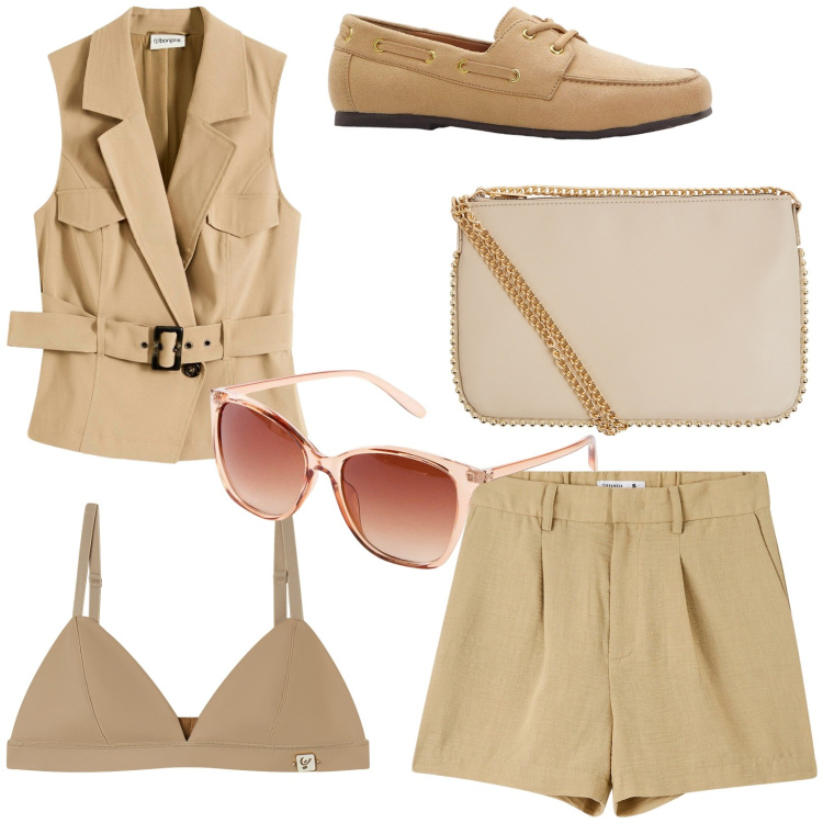 Outfit donna - Last Summer styling. Stile Casual chic per Tutti i giorni. Abbinamento con gilet, mocassini, occhiali da sole, bermuda, borse a tracolla, reggiseni.