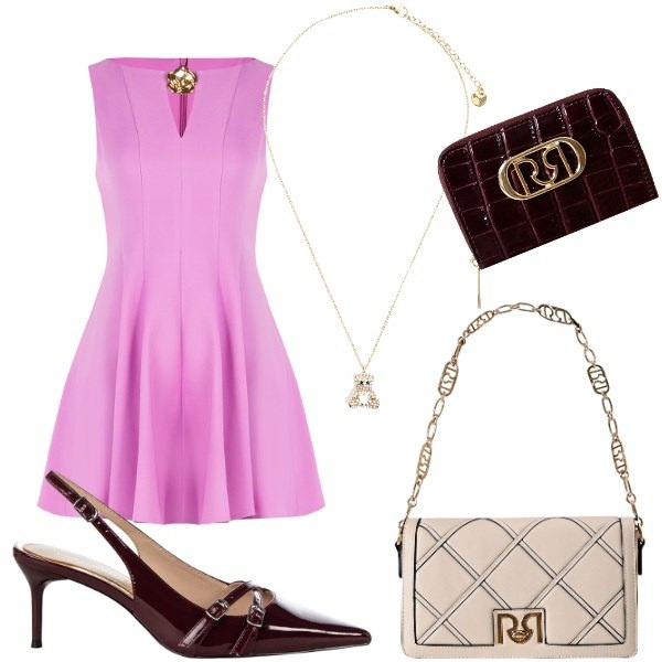 Outfit donna - back to style. Stile Glamour per Serata fuori. Abbinamento con vestiti corti, décolleté, portafogli, borse a tracolla, ciondoli.