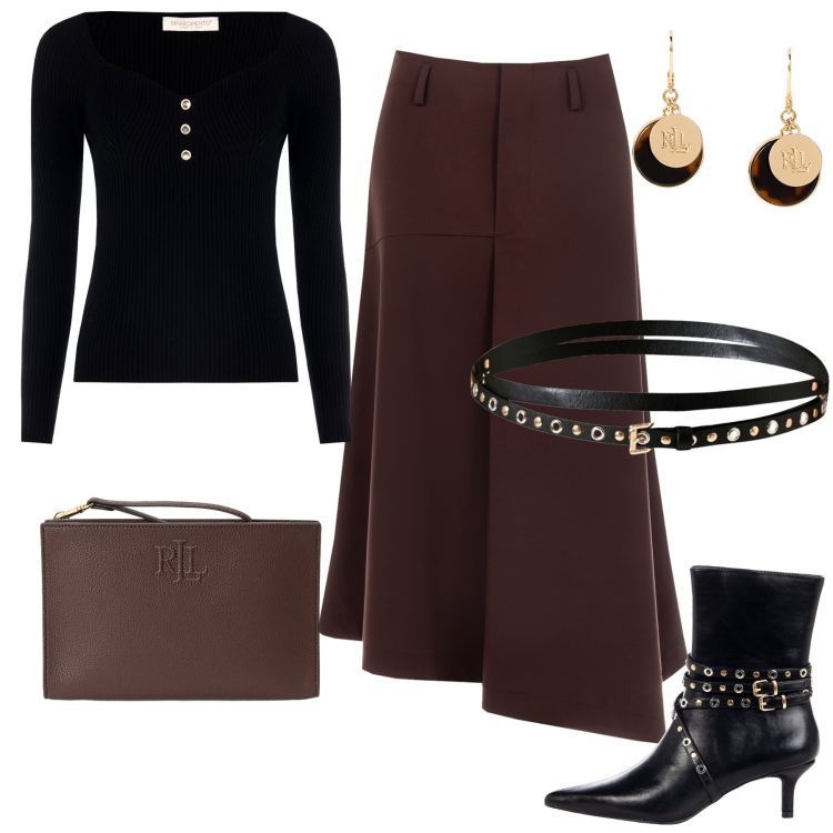 Outfit donna - Rinascimento-Nuova Collezione. Stile Casual chic per Serata fuori. Abbinamento con gonne longuette, cinture, maglieria, stivaletti, orecchini, pochette.