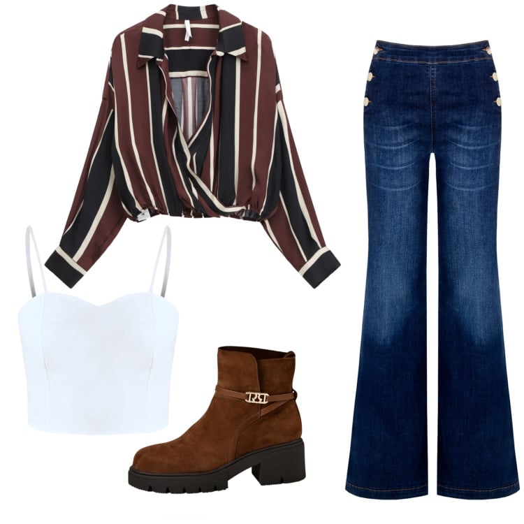Outfit donna - Al lavoro. Stile Casual per Ufficio. Abbinamento con jeans, stivaletti, top, camicie.