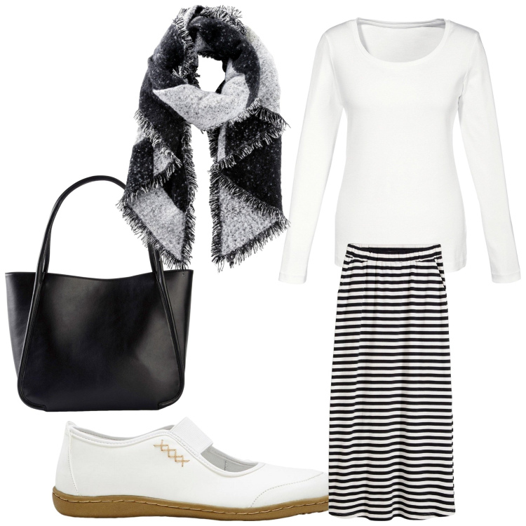 Outfit donna - Come una ragazzina. Stile Bon Ton per Tutti i giorni. Abbinamento con ballerine, maglieria, shopping bag, sciarpe, gonne lunghe.