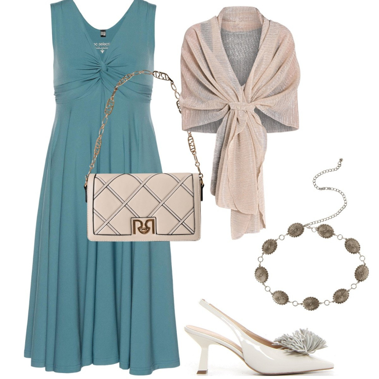 Outfit donna - Fresco turchese. Stile Chic per Serata fuori. Abbinamento con vestiti, cinture, stole, borse a tracolla, décolleté.
