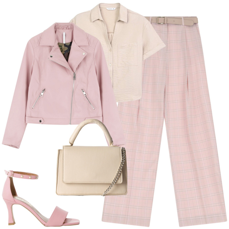 Outfit donna - City. Stile Urban per Tutti i giorni. Abbinamento con camicie a manica corta, borse a tracolla, pantaloni a palazzo, sandali col tacco, blazer.