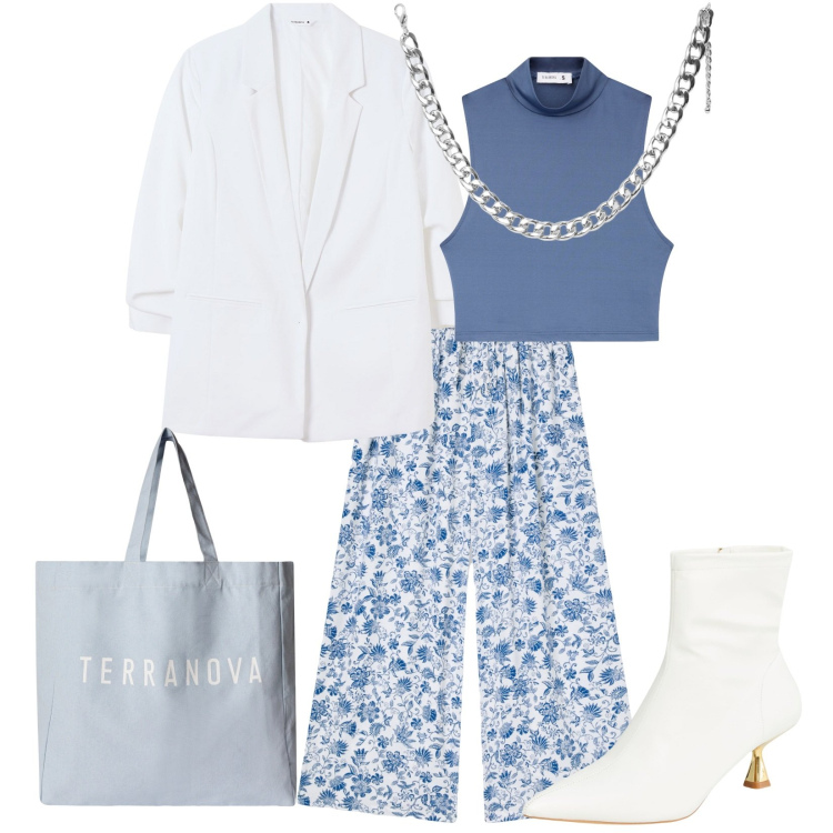 Outfit donna - Terranova. Stile Casual chic per Tutti i giorni. Abbinamento con stivaletti, top, collane, pantaloni a palazzo, blazer, borse tote.