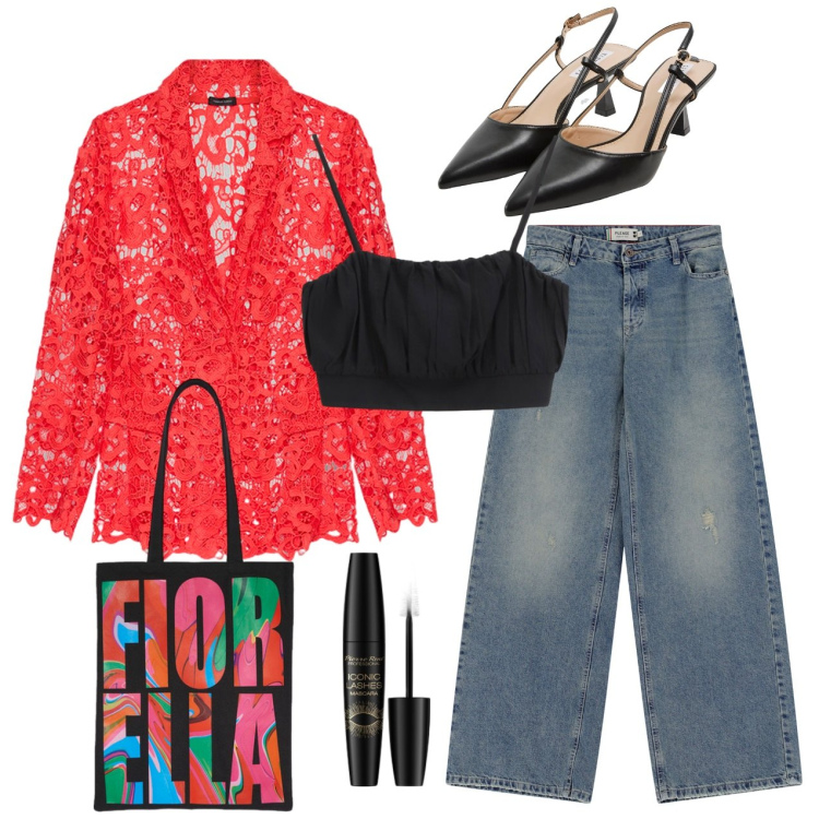 Outfit donna - Jeans fever. Stile Casual chic per Serata fuori. Abbinamento con mascara, sabot, jeans, top, blazer, borse tote.