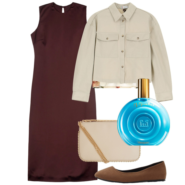 Outfit donna - Il tubino chocolat. Stile Chic per Tutti i giorni. Abbinamento con ballerine, profumi, borse a tracolla, blazer, vestiti midi/longuette.