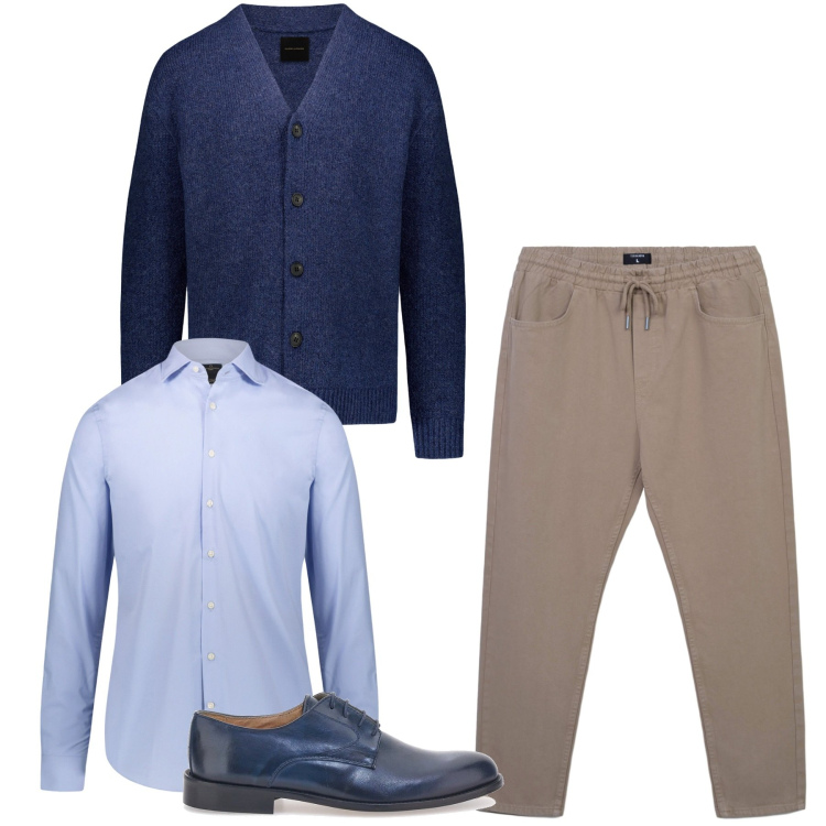 Outfit uomo - Total look. Stile Casual per Tutti i giorni. Abbinamento con pantaloni, camicie, scarpe stringate, cardigans.
