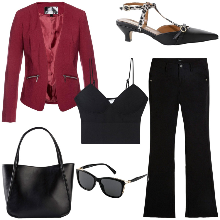 Outfit donna - Sculptural tailoring. Stile Glamour per Serata fuori. Abbinamento con blazer, pantaloni, occhiali da sole, shopping bag, top, décolleté.