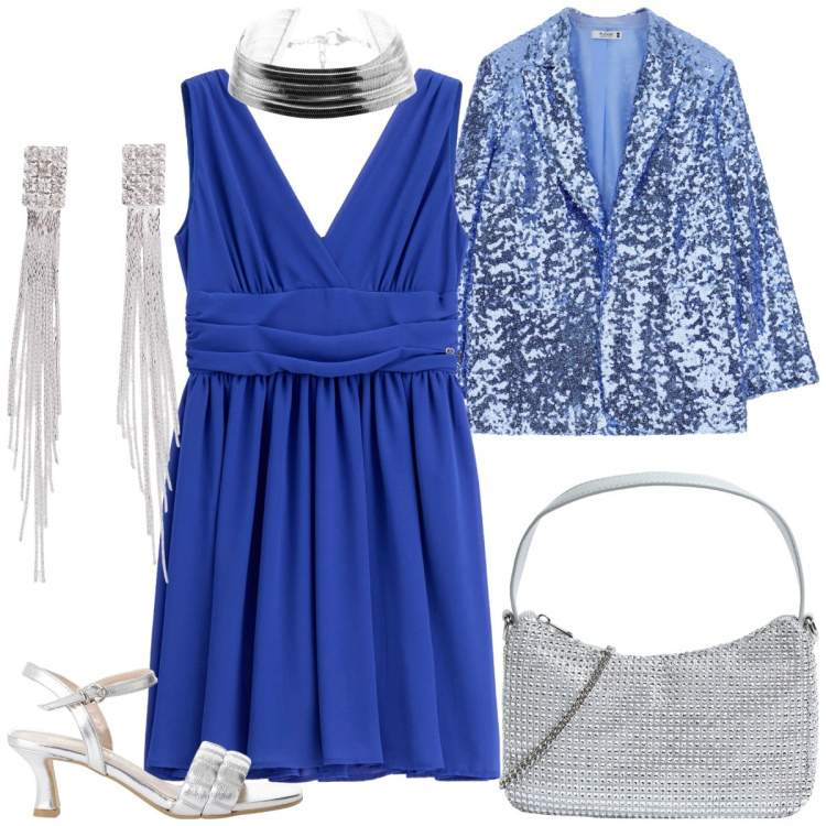 Outfit donna - Serata elegante. Stile Romantica per Serata fuori. Abbinamento con orecchini, borse a tracolla, blazer, vestiti corti, sandali col tacco, braccialetti.