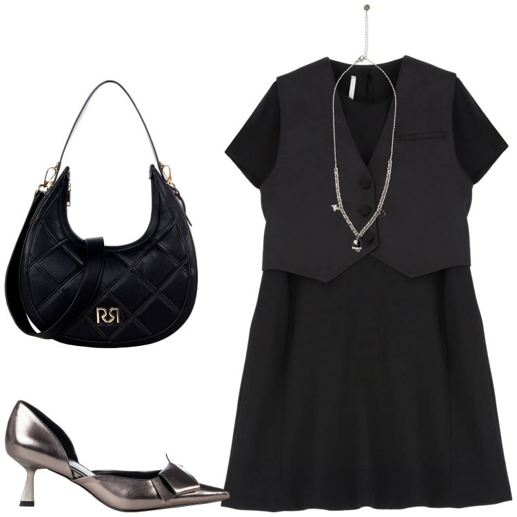 Outfit donna - Back to style. Stile Sporty chic per Ufficio. Abbinamento con décolleté, borse a tracolla, vestiti corti, ciondoli.