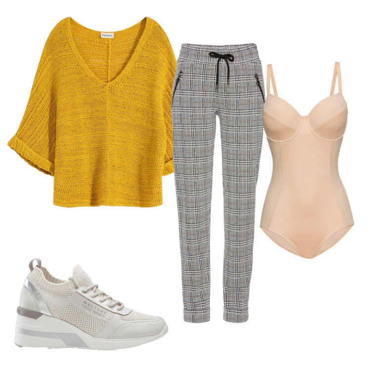 Outfit donna - Senza borsa e senza gioielli. Stile Casual chic per Ufficio. Abbinamento con pantaloni, body, sneakers, bluse.