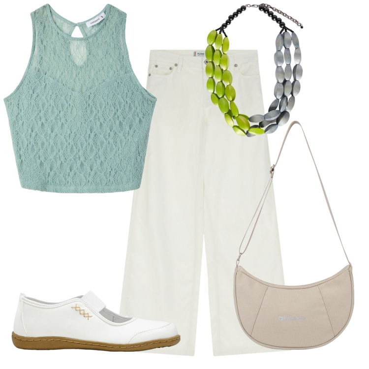 Outfit donna - Il top ricamato. Stile Casual per Tutti i giorni. Abbinamento con ballerine, top, pantaloni a palazzo, borse a spalla, collane.