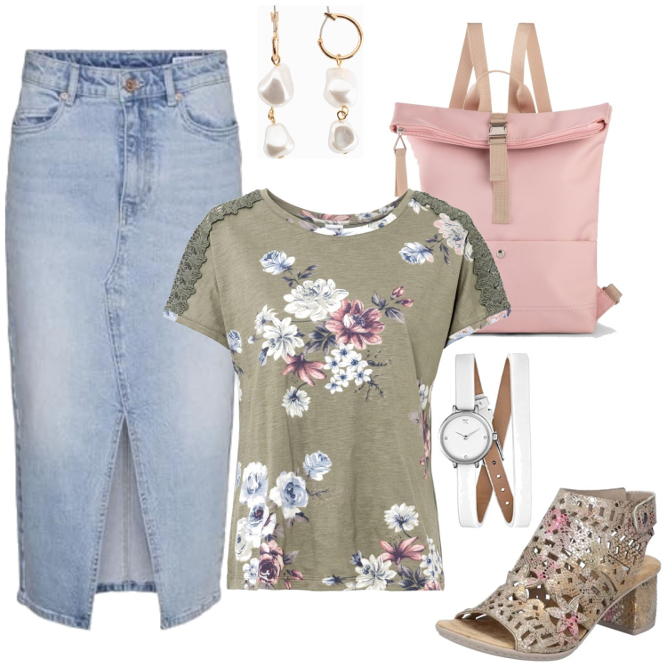 Outfit femme - Daphné. Style Romantique pour Tous les jours. Assortir avec t-shirts, sacs à dos, boucles d'oreilles, sandales à talon, jupes au genou, montres analogiques.