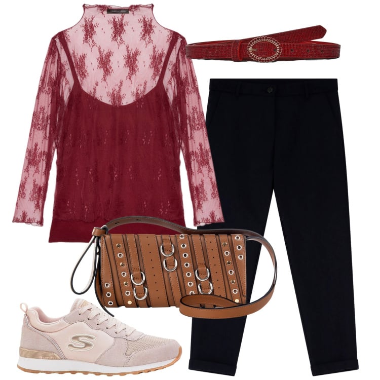 Outfit donna - Giornata fresca. Stile Casual per Tutti i giorni. Abbinamento con sneakers, cinture, borse a spalla, pantaloni chino, t-shirt.