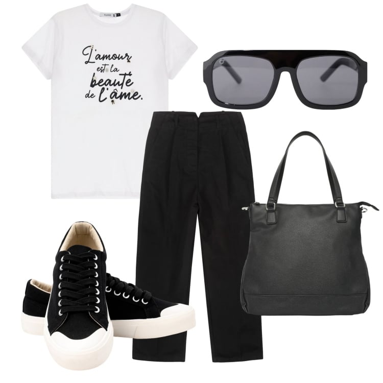 Outfit donna - Stasera semplice. Stile Basic per Tutti i giorni. Abbinamento con shopping bag, t-shirt, occhiali da sole, pantaloni, sneakers.