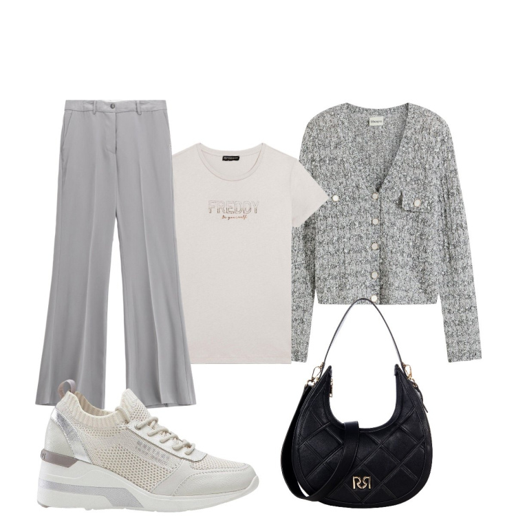 Outfit donna - Total look #2237273. Stile Casual chic per Tutti i giorni. Abbinamento con cardigans, sneakers, borse a tracolla, pantaloni, t-shirt.