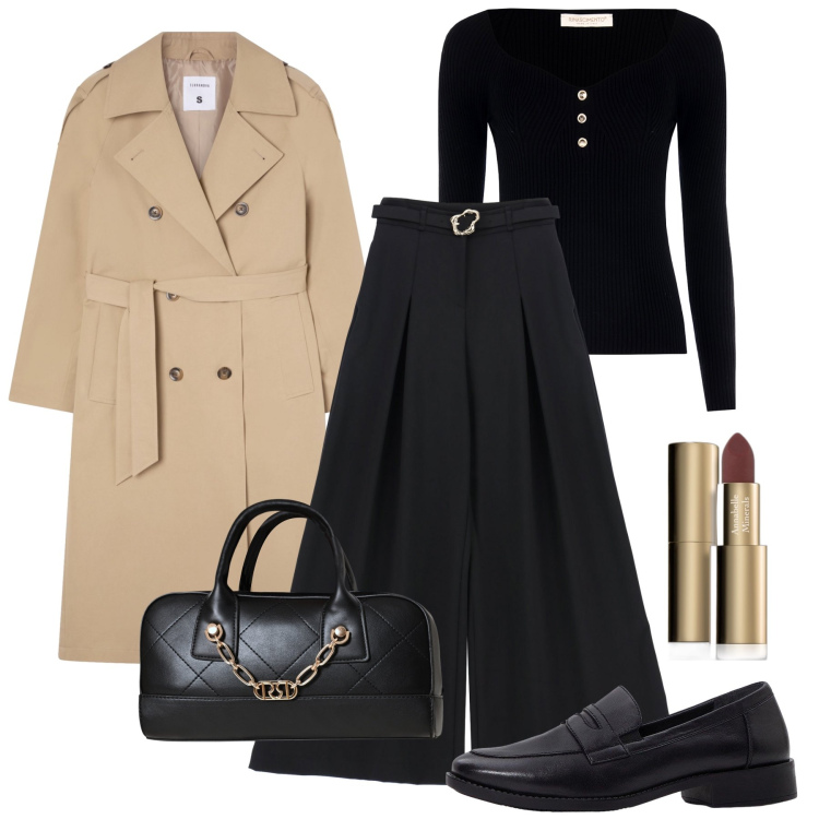 Outfit donna - FW26 - Il trench lungo passpartout. Stile Casual chic per Ufficio. Abbinamento con mocassini, rossetti, trench, borse a mano, maglieria, pantaloni.