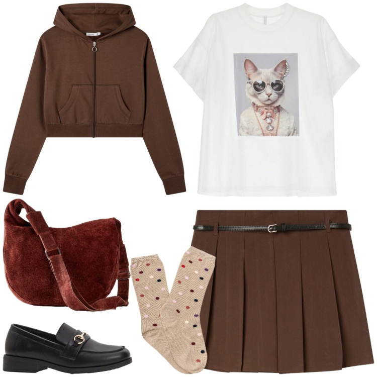 Outfit donna - Back to university. Stile Casual chic per Scuola/Università. Abbinamento con mocassini, borse a mano, felpe con cappuccio, minigonne, t-shirt, calzini.