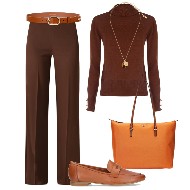 Outfit donna - Rinascimento cioccolato & arancio. Stile Casual chic per Tutti i giorni. Abbinamento con pantaloni a palazzo, maglieria, cinture, borse tote, collane, mocassini.