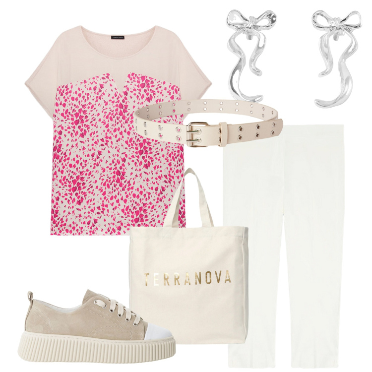 Outfit donna - Fiorella 10. Stile Casual per Tutti i giorni. Abbinamento con cinture, borse tote, orecchini, sneakers, pantaloni, bluse.