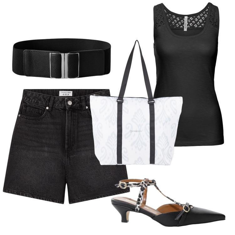 Outfit donna - Carina in pantaloncini. Stile Trendy per Tutti i giorni. Abbinamento con top, bermuda, cinture, décolleté, shopping bag.
