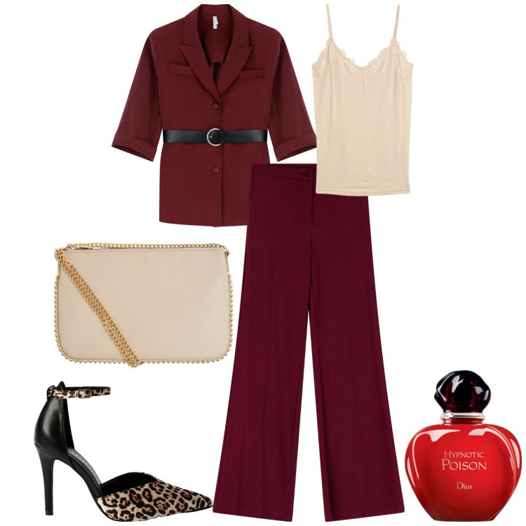Outfit donna - Total look #2237290. Stile Chic per Serata fuori. Abbinamento con top, profumi, borse a tracolla, décolleté, pantaloni, blazer.