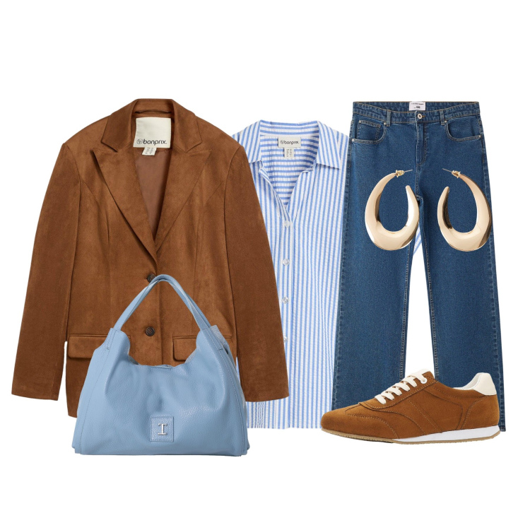 Outfit donna - La giacca di renna. Stile Casual per Tutti i giorni. Abbinamento con camicie a manica corta, orecchini, blazer, sneakers, jeans dritti, pochette.