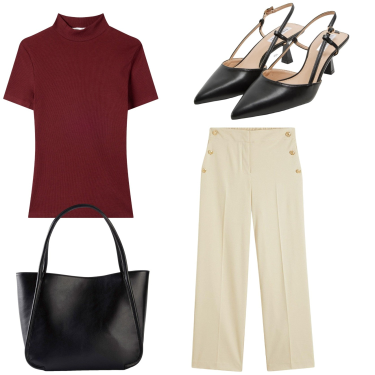 Outfit donna - Burgundy & cream. Stile Chic per Tutti i giorni. Abbinamento con shopping bag, pantaloni, t-shirt, sabot.