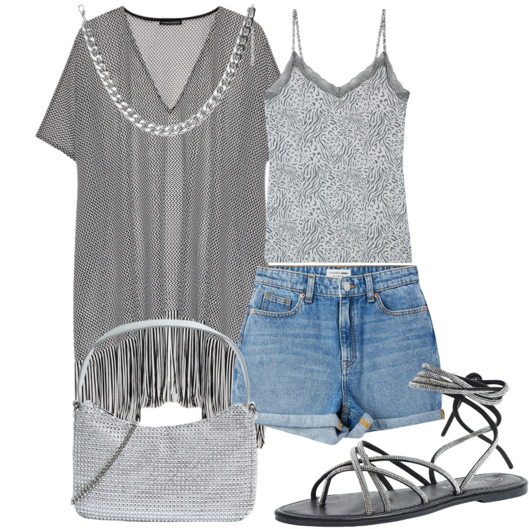 Outfit donna - Apericena in spiaggia. Stile Casual chic per Mare. Abbinamento con sandali alla schiava, borse a tracolla, canottiere, collane, shorts, caftani.