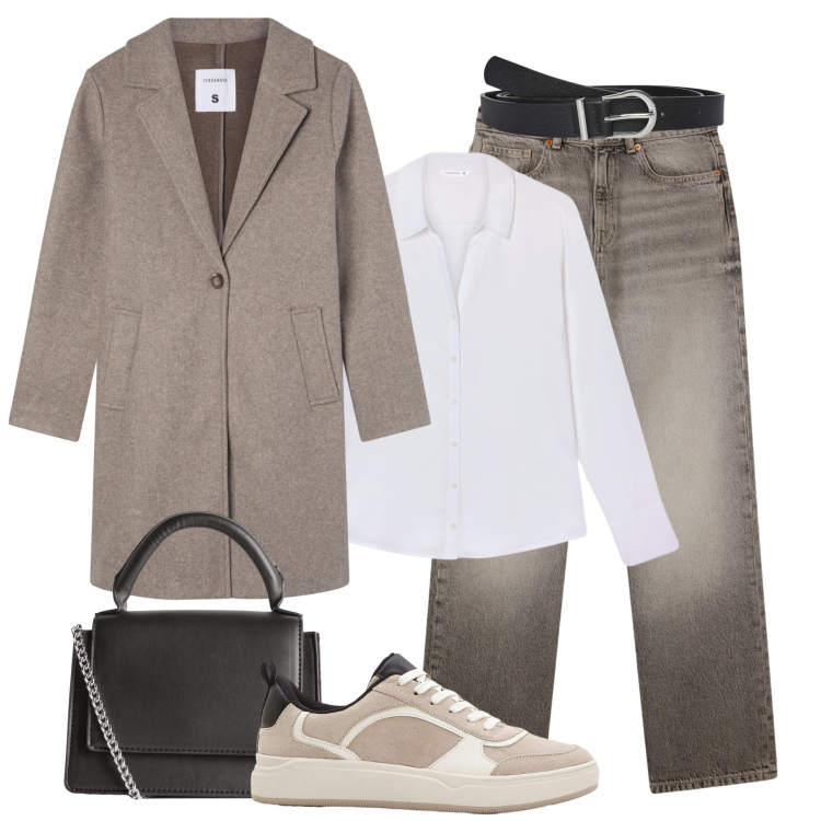 Outfit donna - Il cappotto corto in autunno. Stile Urban per Tutti i giorni. Abbinamento con sneakers, jeans dritti, cappotti, cinture, camicie, borse a tracolla.
