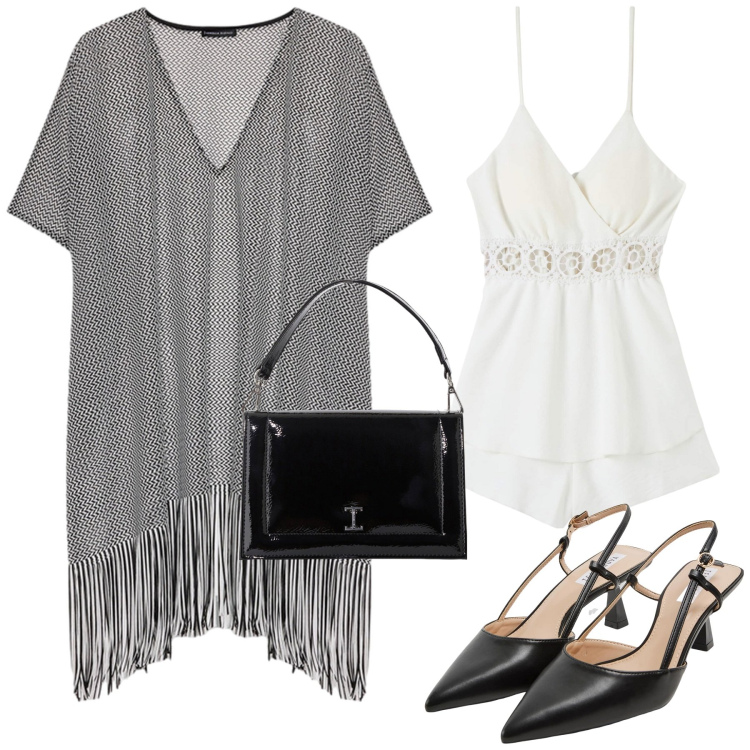 Outfit donna - Total look #2237301. Stile Glamour per Serata fuori. Abbinamento con tuta corta, sabot, borse a tracolla, caftani.