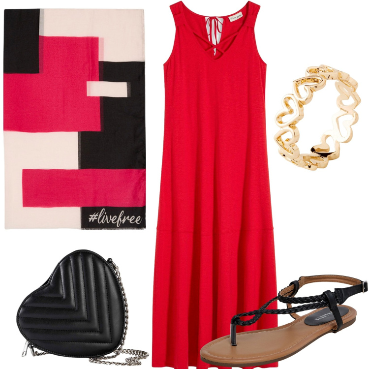 Outfit donna - Agosto. Stile Casual per Serata fuori. Abbinamento con vestiti lunghi, borse a tracolla, anelli, ciabatte, sciarpe.