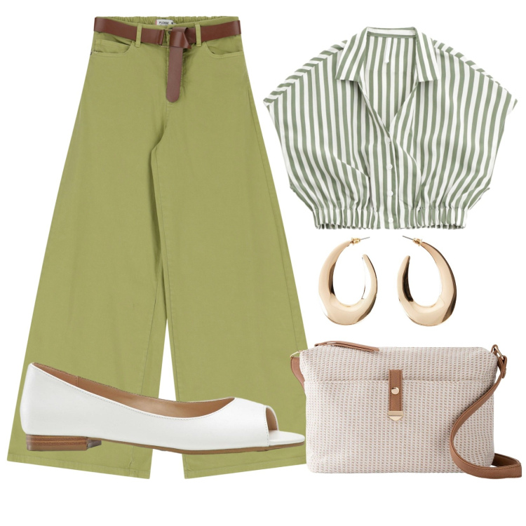Outfit donna - Settembre in verde. Stile Casual per Ufficio. Abbinamento con ballerine, borse a tracolla, orecchini, pantaloni, camicie a manica corta.