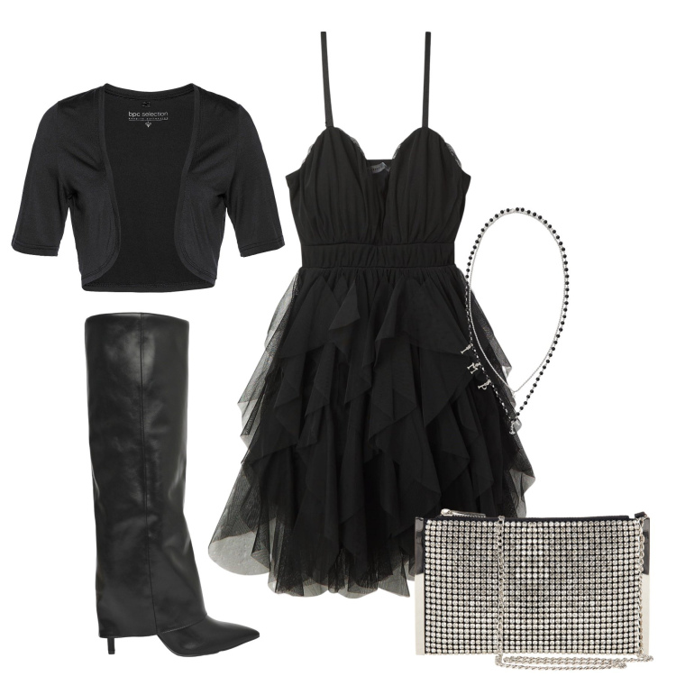 Outfit donna - Un autunno da urlo. Stile Glamour per Serata fuori. Abbinamento con blazer, vestiti corti, stivali, pochette, collane.