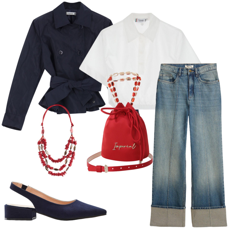 Outfit donna - Un autunno in rosso. Stile Casual chic per Tutti i giorni. Abbinamento con jeans dritti, décolleté, blazer, camicie a manica corta, borse a secchiello, collane.