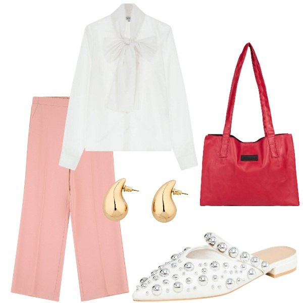 Outfit donna - A cena fuori. Stile Casual chic per Tutti i giorni. Abbinamento con orecchini, ballerine, camicie, pantaloni, shopping bag.